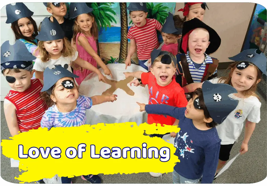 Students enjoying a treasure hunt at Play and Learn Preschool in Westlake.